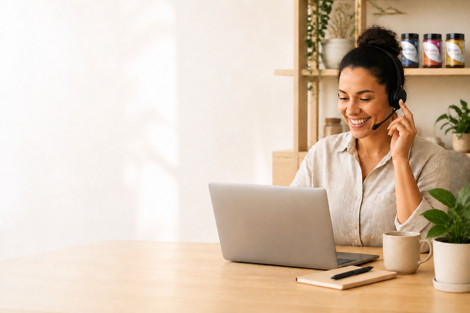Atendente TerraVia sorrindo com headset e notebook